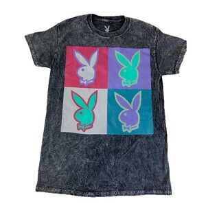 Playboy Mens/Womens Acid Wash Black Graphic T-shirt Size Small
